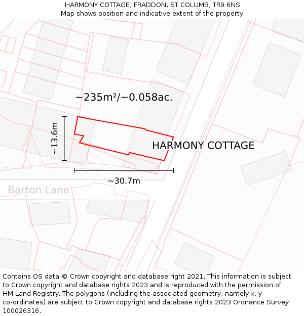 HARMONY COTTAGE, FRADDON, ST COLUMB, TR9 6NS: Plot and title map