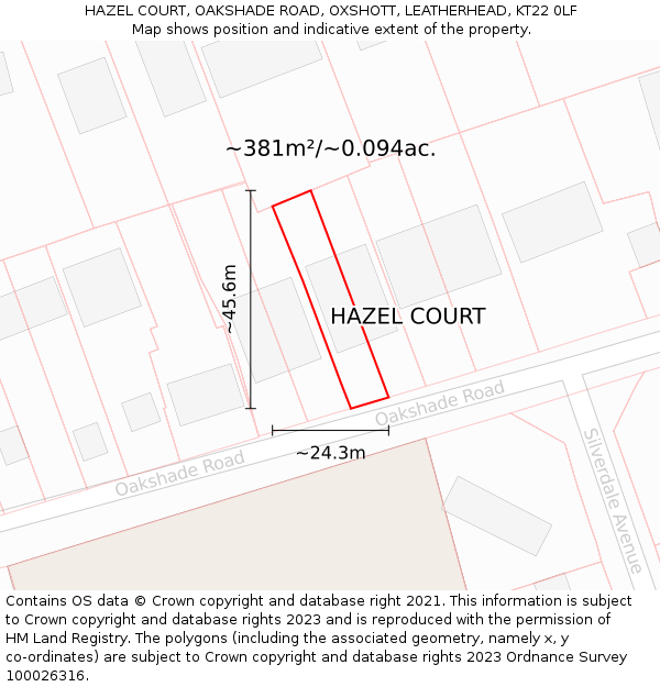 HAZEL COURT, OAKSHADE ROAD, OXSHOTT, LEATHERHEAD, KT22 0LF: Plot and title map