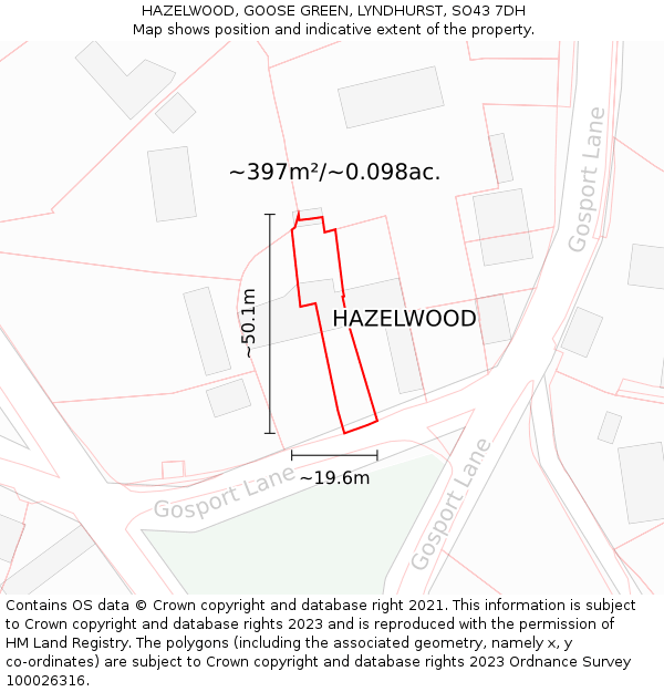 HAZELWOOD, GOOSE GREEN, LYNDHURST, SO43 7DH: Plot and title map