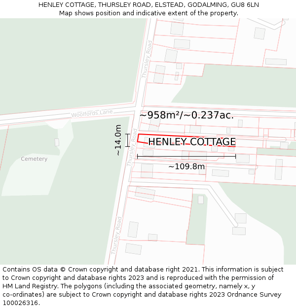 HENLEY COTTAGE, THURSLEY ROAD, ELSTEAD, GODALMING, GU8 6LN: Plot and title map