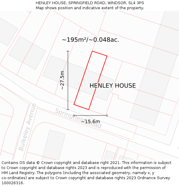 HENLEY HOUSE, SPRINGFIELD ROAD, WINDSOR, SL4 3PS: Plot and title map