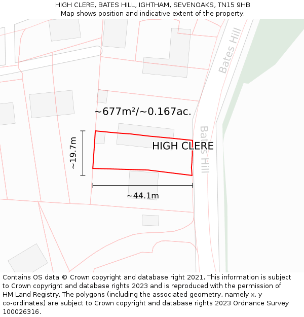 HIGH CLERE, BATES HILL, IGHTHAM, SEVENOAKS, TN15 9HB: Plot and title map