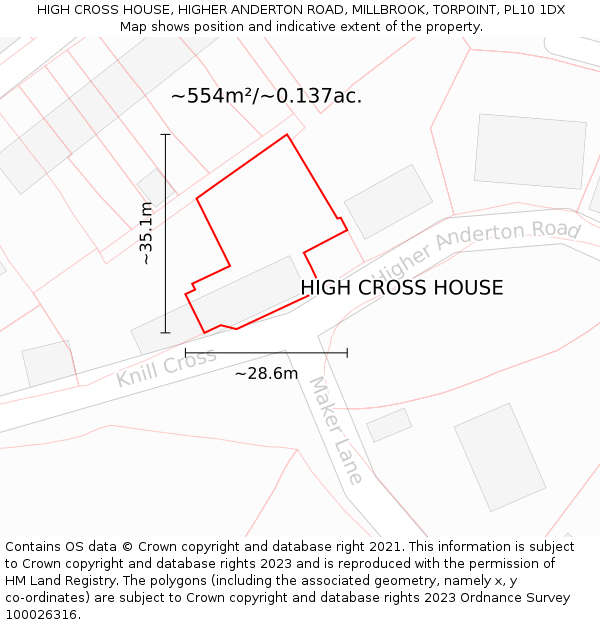 HIGH CROSS HOUSE, HIGHER ANDERTON ROAD, MILLBROOK, TORPOINT, PL10 1DX: Plot and title map