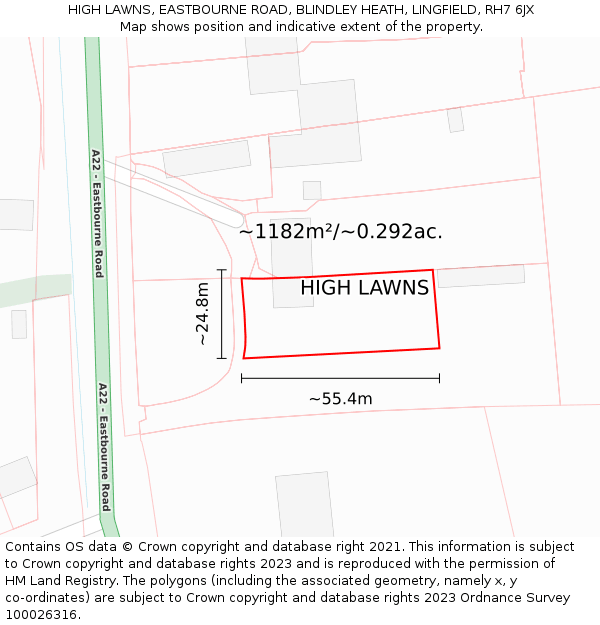 HIGH LAWNS, EASTBOURNE ROAD, BLINDLEY HEATH, LINGFIELD, RH7 6JX: Plot and title map