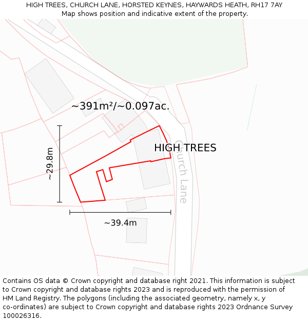 HIGH TREES, CHURCH LANE, HORSTED KEYNES, HAYWARDS HEATH, RH17 7AY: Plot and title map