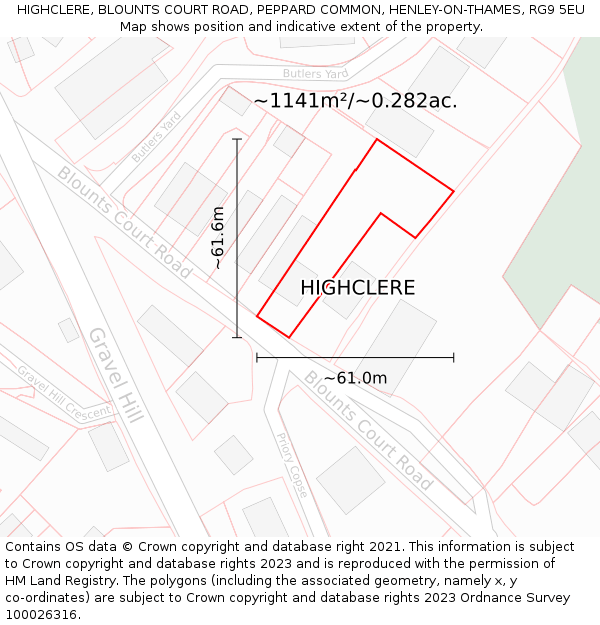 HIGHCLERE, BLOUNTS COURT ROAD, PEPPARD COMMON, HENLEY-ON-THAMES, RG9 5EU: Plot and title map