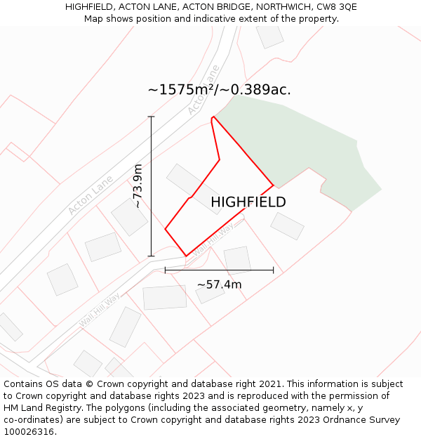 HIGHFIELD, ACTON LANE, ACTON BRIDGE, NORTHWICH, CW8 3QE: Plot and title map