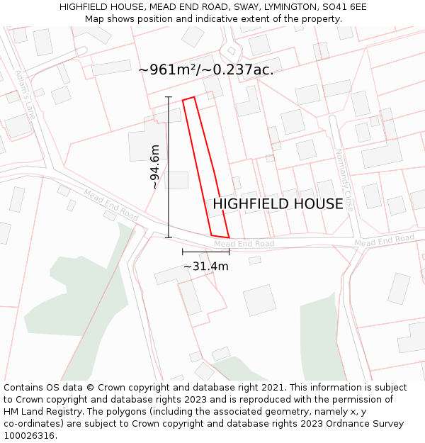 HIGHFIELD HOUSE, MEAD END ROAD, SWAY, LYMINGTON, SO41 6EE: Plot and title map