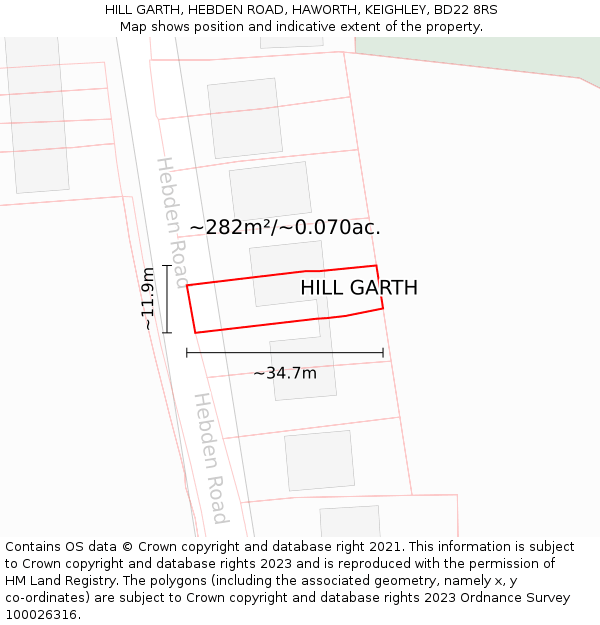 HILL GARTH, HEBDEN ROAD, HAWORTH, KEIGHLEY, BD22 8RS: Plot and title map