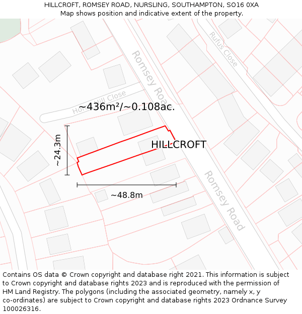 HILLCROFT, ROMSEY ROAD, NURSLING, SOUTHAMPTON, SO16 0XA: Plot and title map
