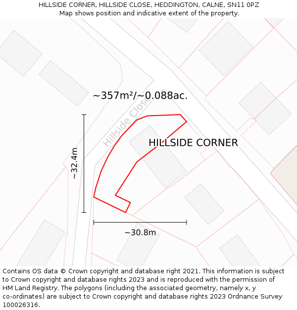 HILLSIDE CORNER, HILLSIDE CLOSE, HEDDINGTON, CALNE, SN11 0PZ: Plot and title map