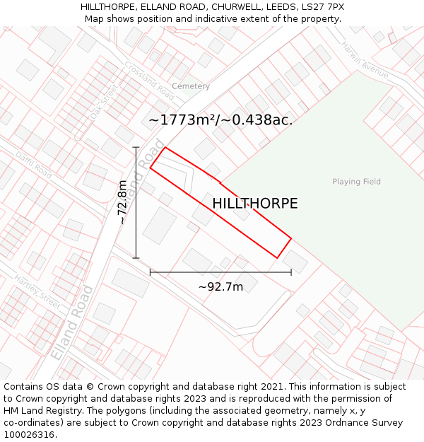 HILLTHORPE, ELLAND ROAD, CHURWELL, LEEDS, LS27 7PX: Plot and title map