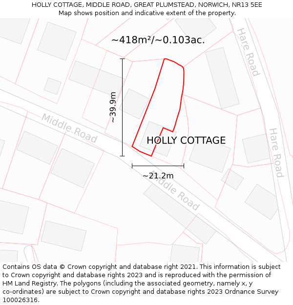 HOLLY COTTAGE, MIDDLE ROAD, GREAT PLUMSTEAD, NORWICH, NR13 5EE: Plot and title map