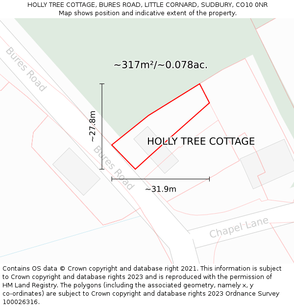 HOLLY TREE COTTAGE, BURES ROAD, LITTLE CORNARD, SUDBURY, CO10 0NR: Plot and title map