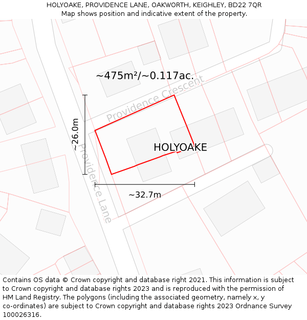 HOLYOAKE, PROVIDENCE LANE, OAKWORTH, KEIGHLEY, BD22 7QR: Plot and title map