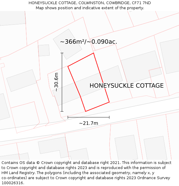 HONEYSUCKLE COTTAGE, COLWINSTON, COWBRIDGE, CF71 7ND: Plot and title map