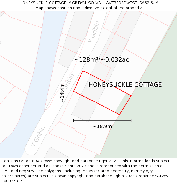 HONEYSUCKLE COTTAGE, Y GRIBYN, SOLVA, HAVERFORDWEST, SA62 6UY: Plot and title map