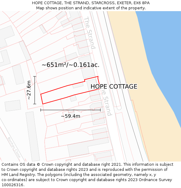 HOPE COTTAGE, THE STRAND, STARCROSS, EXETER, EX6 8PA: Plot and title map