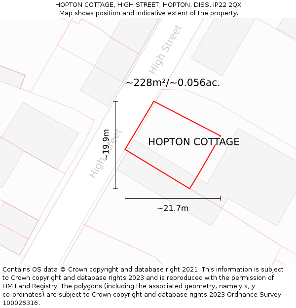 HOPTON COTTAGE, HIGH STREET, HOPTON, DISS, IP22 2QX: Plot and title map