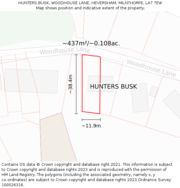 HUNTERS BUSK, WOODHOUSE LANE, HEVERSHAM, MILNTHORPE, LA7 7EW: Plot and title map