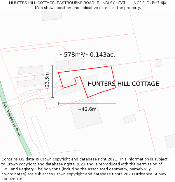 HUNTERS HILL COTTAGE, EASTBOURNE ROAD, BLINDLEY HEATH, LINGFIELD, RH7 6JX: Plot and title map