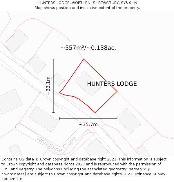 HUNTERS LODGE, WORTHEN, SHREWSBURY, SY5 9HN: Plot and title map