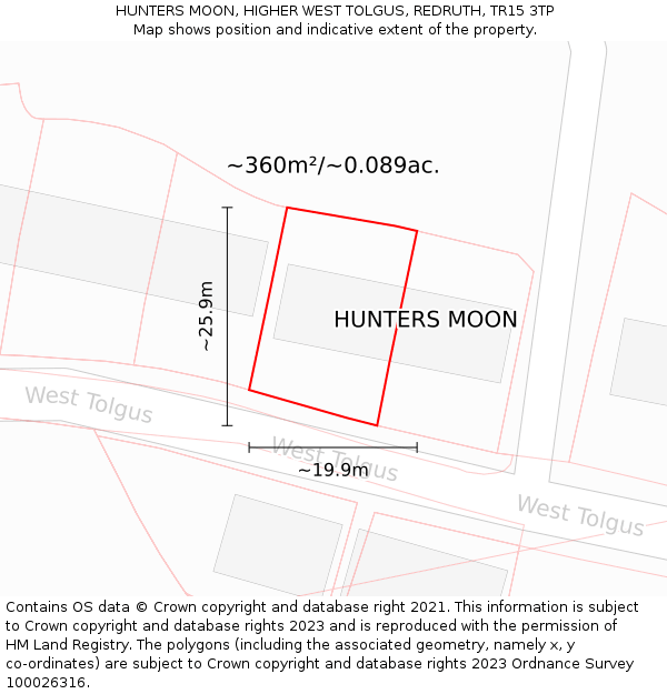 HUNTERS MOON, HIGHER WEST TOLGUS, REDRUTH, TR15 3TP: Plot and title map