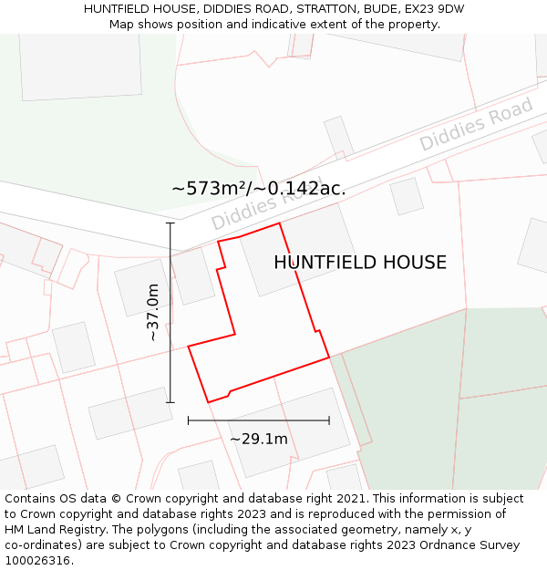 HUNTFIELD HOUSE, DIDDIES ROAD, STRATTON, BUDE, EX23 9DW: Plot and title map