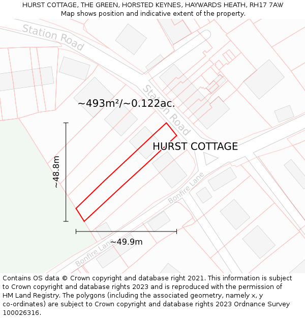 HURST COTTAGE, THE GREEN, HORSTED KEYNES, HAYWARDS HEATH, RH17 7AW: Plot and title map