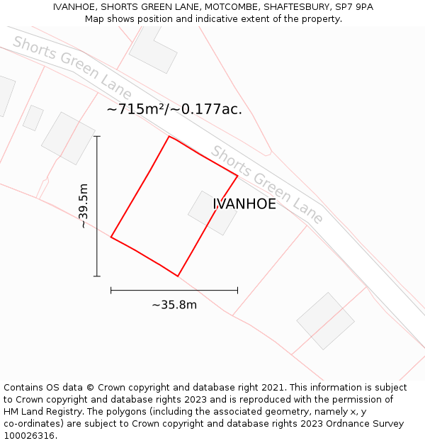 IVANHOE, SHORTS GREEN LANE, MOTCOMBE, SHAFTESBURY, SP7 9PA: Plot and title map