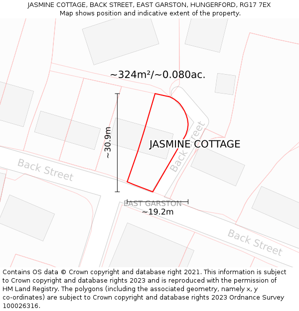 JASMINE COTTAGE, BACK STREET, EAST GARSTON, HUNGERFORD, RG17 7EX: Plot and title map