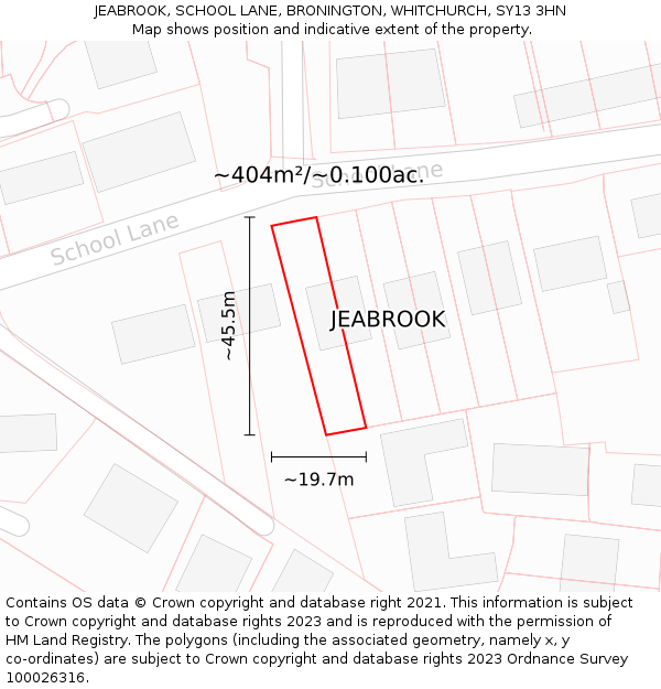 JEABROOK, SCHOOL LANE, BRONINGTON, WHITCHURCH, SY13 3HN: Plot and title map