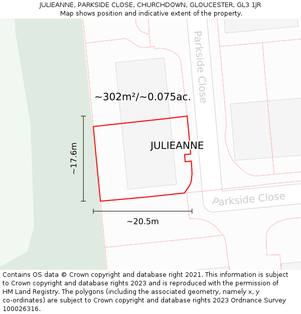 JULIEANNE, PARKSIDE CLOSE, CHURCHDOWN, GLOUCESTER, GL3 1JR: Plot and title map