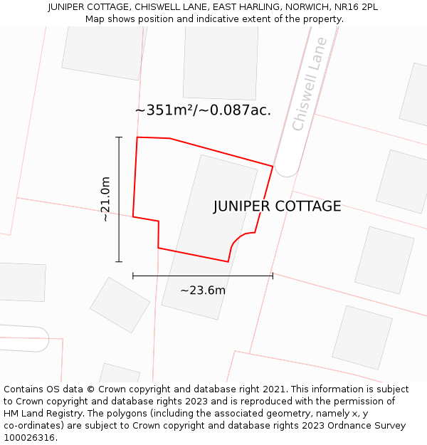 JUNIPER COTTAGE, CHISWELL LANE, EAST HARLING, NORWICH, NR16 2PL: Plot and title map