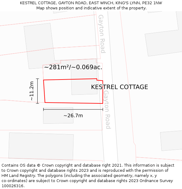 KESTREL COTTAGE, GAYTON ROAD, EAST WINCH, KING'S LYNN, PE32 1NW: Plot and title map