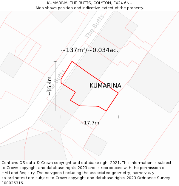 KUMARINA, THE BUTTS, COLYTON, EX24 6NU: Plot and title map