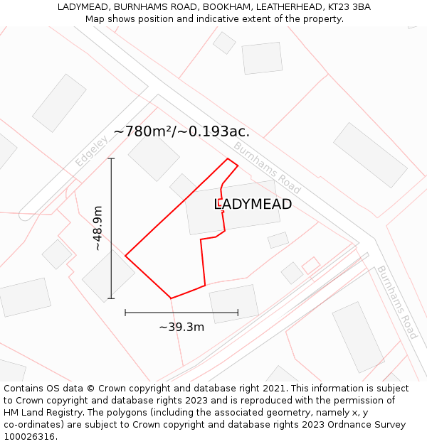 LADYMEAD, BURNHAMS ROAD, BOOKHAM, LEATHERHEAD, KT23 3BA: Plot and title map