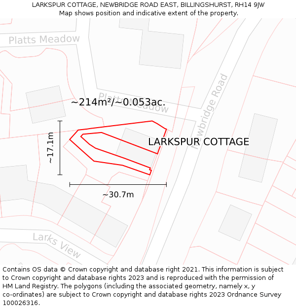 LARKSPUR COTTAGE, NEWBRIDGE ROAD EAST, BILLINGSHURST, RH14 9JW: Plot and title map