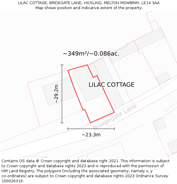 LILAC COTTAGE, BRIDEGATE LANE, HICKLING, MELTON MOWBRAY, LE14 3AA: Plot and title map