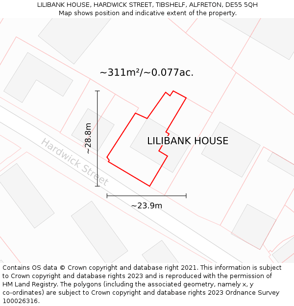 LILIBANK HOUSE, HARDWICK STREET, TIBSHELF, ALFRETON, DE55 5QH: Plot and title map