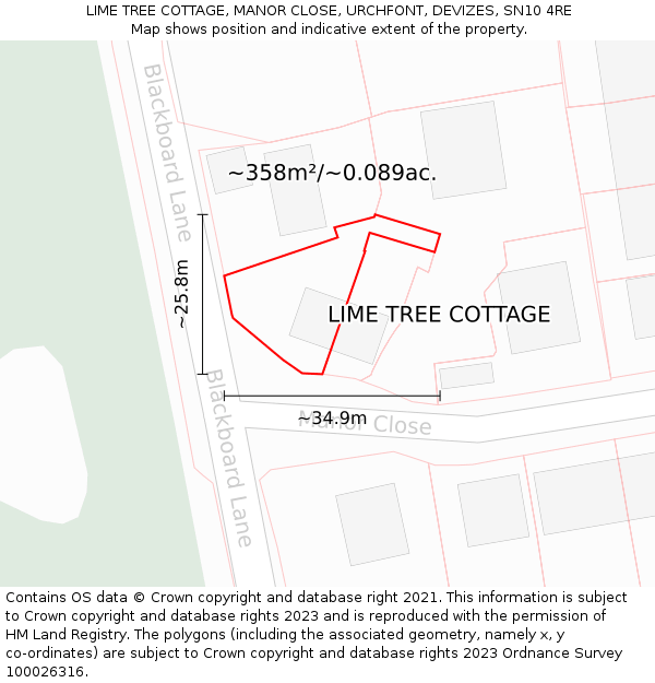 LIME TREE COTTAGE, MANOR CLOSE, URCHFONT, DEVIZES, SN10 4RE: Plot and title map