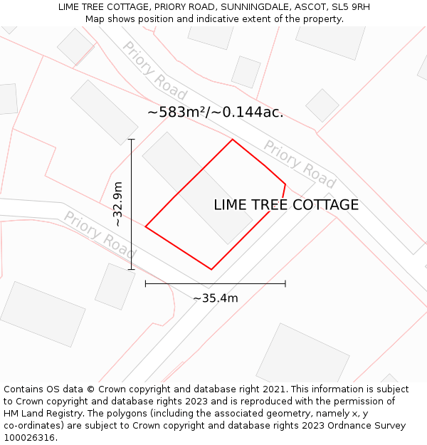 LIME TREE COTTAGE, PRIORY ROAD, SUNNINGDALE, ASCOT, SL5 9RH: Plot and title map