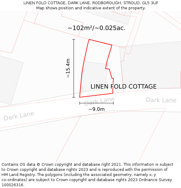 LINEN FOLD COTTAGE, DARK LANE, RODBOROUGH, STROUD, GL5 3UF: Plot and title map