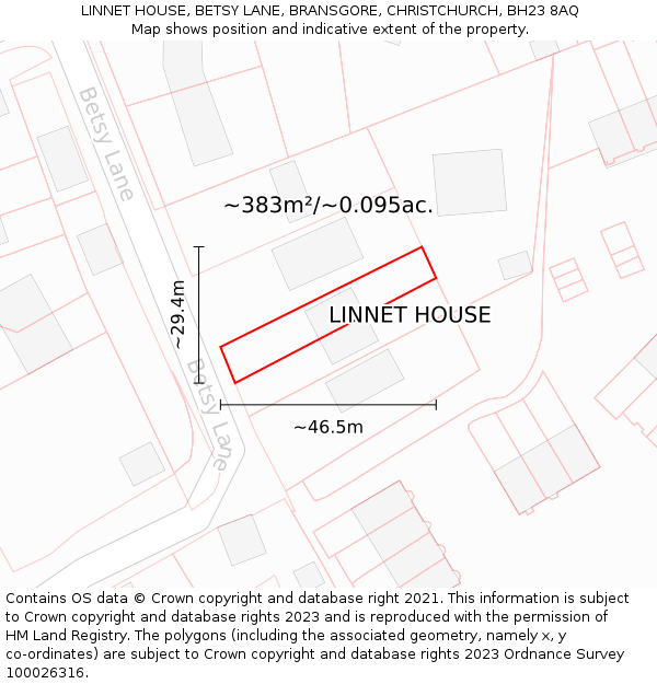 LINNET HOUSE, BETSY LANE, BRANSGORE, CHRISTCHURCH, BH23 8AQ: Plot and title map