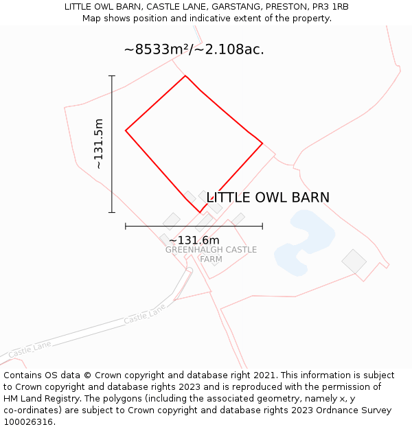 LITTLE OWL BARN, CASTLE LANE, GARSTANG, PRESTON, PR3 1RB: Plot and title map