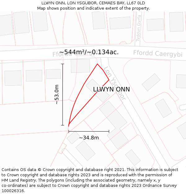 LLWYN ONN, LON YSGUBOR, CEMAES BAY, LL67 0LD: Plot and title map