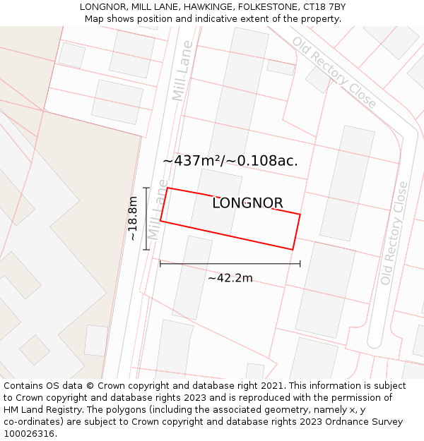 LONGNOR, MILL LANE, HAWKINGE, FOLKESTONE, CT18 7BY: Plot and title map