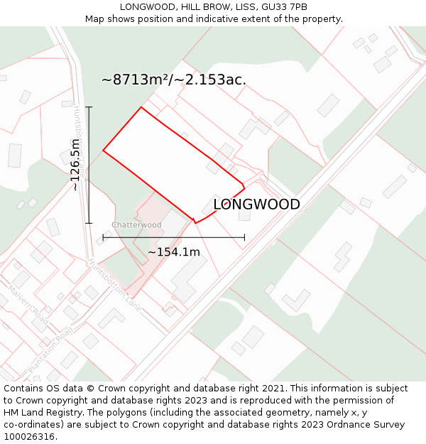 LONGWOOD, HILL BROW, LISS, GU33 7PB: Plot and title map