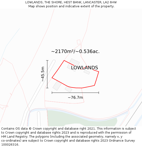 LOWLANDS, THE SHORE, HEST BANK, LANCASTER, LA2 6HW: Plot and title map