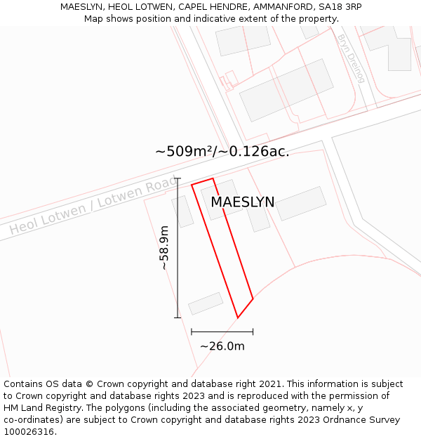 MAESLYN, HEOL LOTWEN, CAPEL HENDRE, AMMANFORD, SA18 3RP: Plot and title map